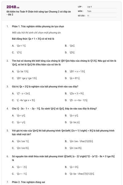 Đề kiểm tra Toán 9 Chân trời sáng tạo Chương 2 có đáp án - Đề 2