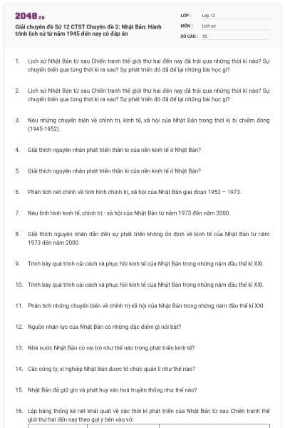 Giải chuyên đề Sử 12 CTST Chuyên đề 2: Nhật Bản: Hành trình lịch sử từ năm 1945 đến nay có đáp án