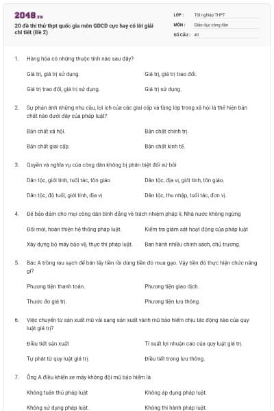 20 đề thi thử thpt quốc gia môn GDCD cực hay có lời giải chi tiết (Đề 2)
