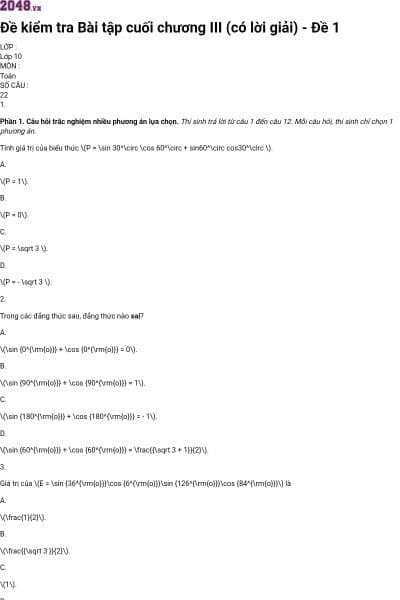 Đề kiểm tra Bài tập cuối chương III (có lời giải) - Đề 1