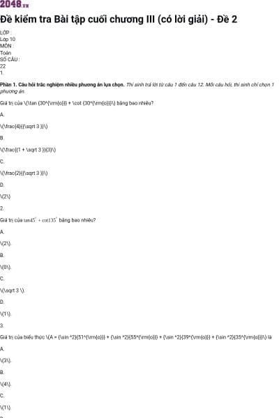Đề kiểm tra Bài tập cuối chương III (có lời giải) - Đề 2
