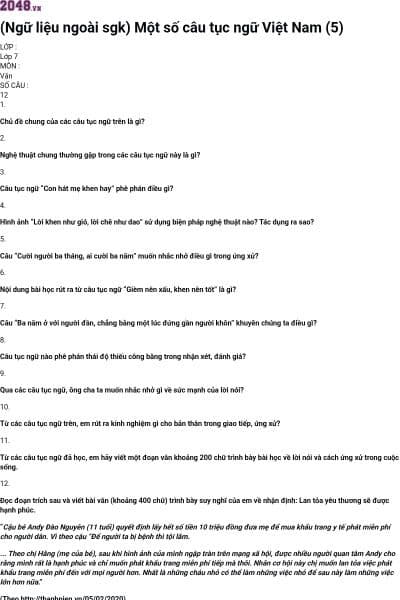 (Ngữ liệu ngoài sgk) Một số câu tục ngữ Việt Nam (5)