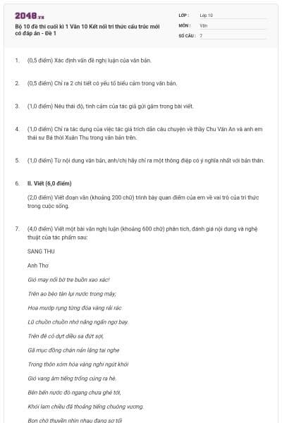 Bộ 10 đề thi cuối kì 1 Văn 10 Kết nối tri thức cấu trúc mới có đáp án - Đề 1