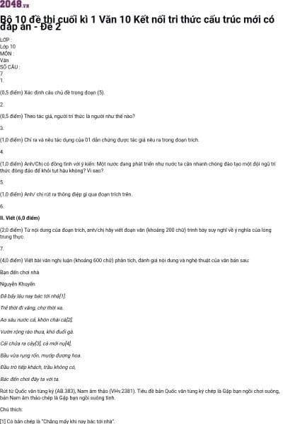 Bộ 10 đề thi cuối kì 1 Văn 10 Kết nối tri thức cấu trúc mới có đáp án - Đề 2