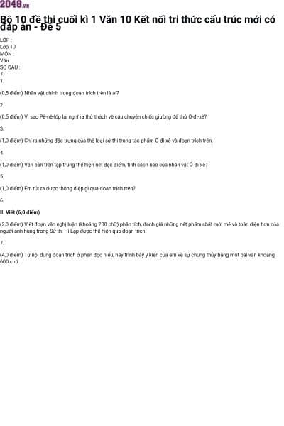 Bộ 10 đề thi cuối kì 1 Văn 10 Kết nối tri thức cấu trúc mới có đáp án - Đề 5