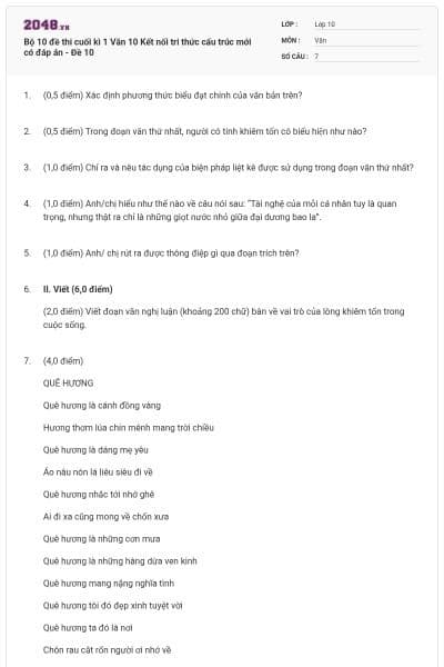 Bộ 10 đề thi cuối kì 1 Văn 10 Kết nối tri thức cấu trúc mới có đáp án - Đề 10
