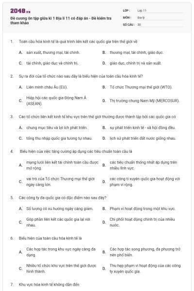 Đề cương ôn tập giữa kì 1 Địa lí 11 có đáp án - Đề kiểm tra tham khảo