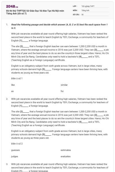 Đề thi thử THPTQG Sở Giáo Dục Và Đào Tạo Hà Nội môn Tiếng Anh (đề số 7)