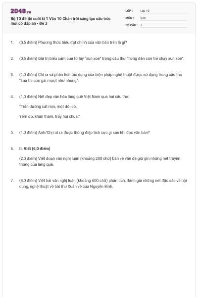 Bộ 10 đề thi cuối kì 1 Văn 10 Chân trời sáng tạo cấu trúc mới có đáp án - Đề 3