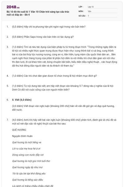 Bộ 10 đề thi cuối kì 1 Văn 10 Chân trời sáng tạo cấu trúc mới có đáp án - Đề 4