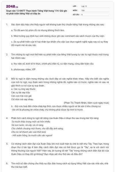 Soạn văn 12 KNTT Thực hành Tiếng Việt trang 114: Giữ gìn và phát triển tiếng Việt có đáp án