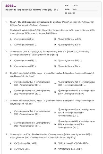 Đề kiểm tra Tổng và hiệu của hai vectơ (có lời giải) - Đề 2