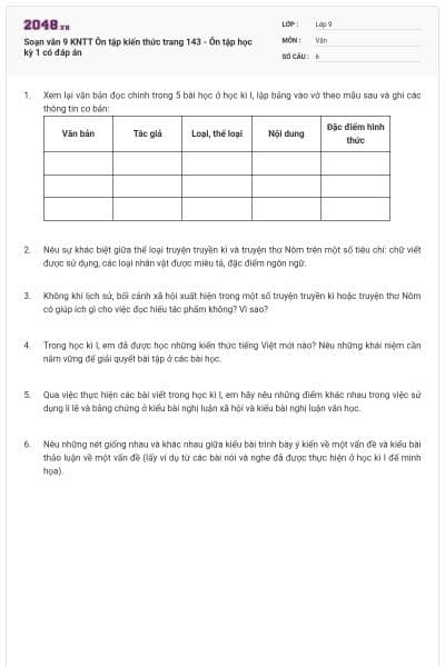 Soạn văn 9 KNTT Ôn tập kiến thức trang 143 - Ôn tập học kỳ 1 có đáp án