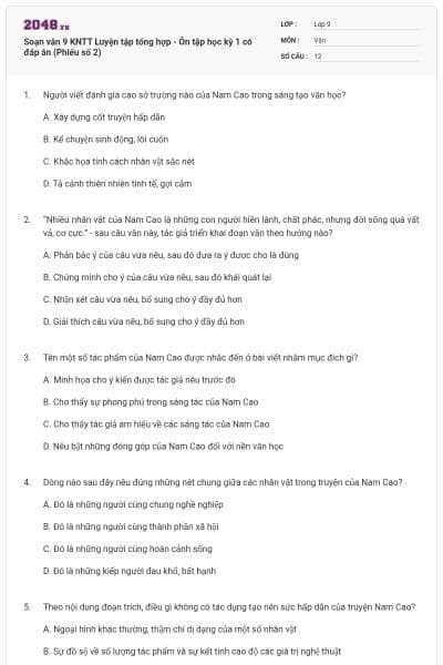 Soạn văn 9 KNTT Luyện tập tổng hợp - Ôn tập học kỳ 1 có đáp án (Phiếu số 2)