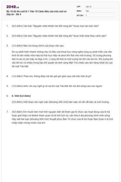 Bộ 10 đề thi cuối kì 1 Văn 10 Cánh diều cấu trúc mới có đáp án - Đề 4