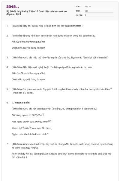 Bộ 10 đề thi giữa kỳ 2 Văn 10 Cánh diều cấu trúc mới có đáp án - Đề 3