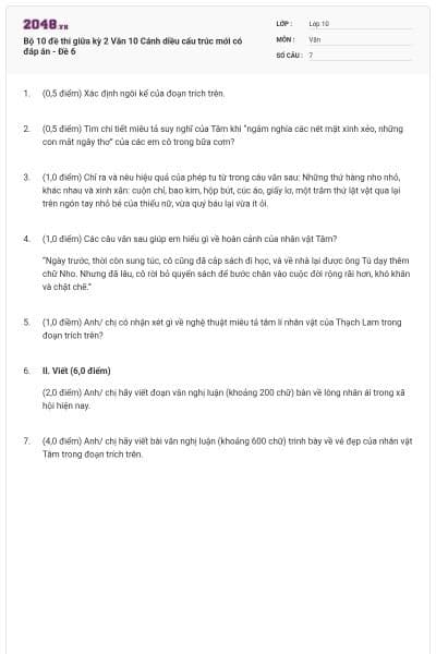 Bộ 10 đề thi giữa kỳ 2 Văn 10 Cánh diều cấu trúc mới có đáp án - Đề 6