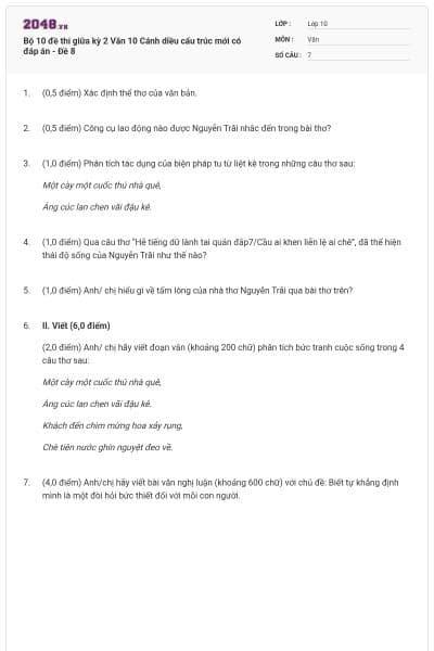Bộ 10 đề thi giữa kỳ 2 Văn 10 Cánh diều cấu trúc mới có đáp án - Đề 8