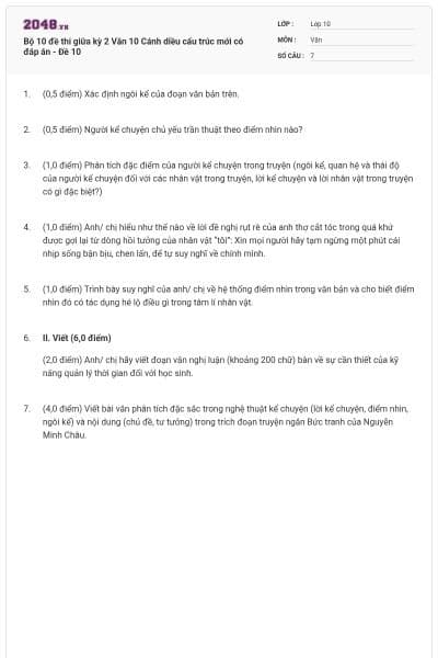 Bộ 10 đề thi giữa kỳ 2 Văn 10 Cánh diều cấu trúc mới có đáp án - Đề 10