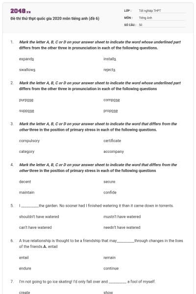 Đề thi thử thpt quốc gia 2020 môn tiếng anh (đề 6)