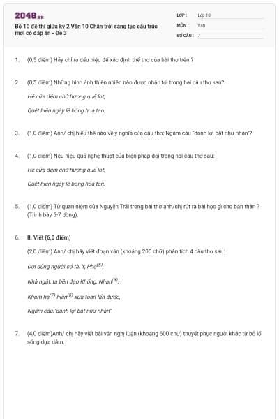 Bộ 10 đề thi giữa kỳ 2 Văn 10 Chân trời sáng tạo cấu trúc mới có đáp án - Đề 3
