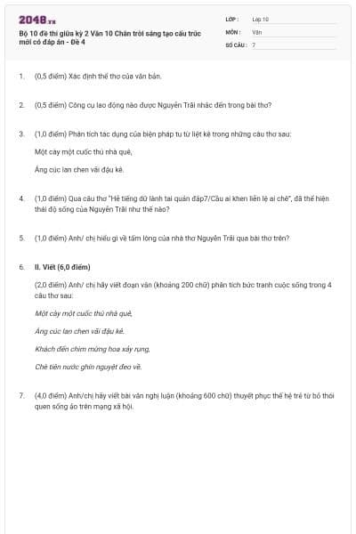 Bộ 10 đề thi giữa kỳ 2 Văn 10 Chân trời sáng tạo cấu trúc mới có đáp án - Đề 4