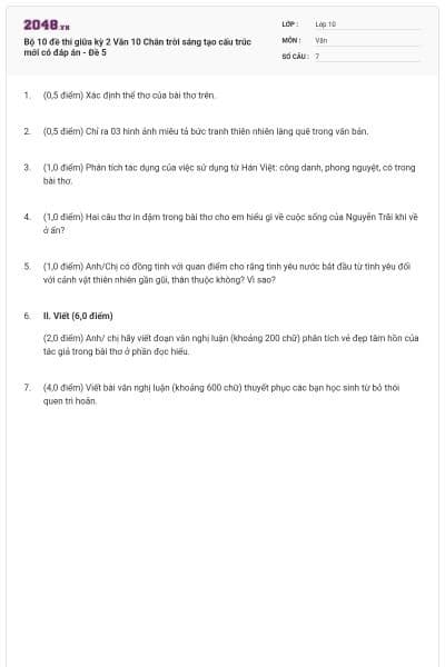 Bộ 10 đề thi giữa kỳ 2 Văn 10 Chân trời sáng tạo cấu trúc mới có đáp án - Đề 5