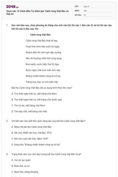 Soạn văn 12 Cánh diều Tự đánh giá: Cảnh rừng Việt Bắc có đáp án