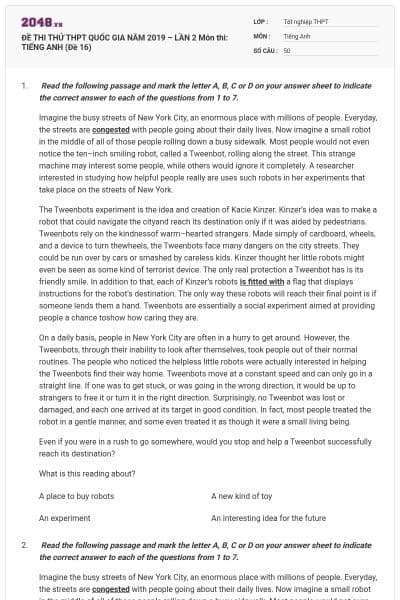 ĐỀ THI THỬ THPT QUỐC GIA NĂM 2019 – LẦN 2 Môn thi: TIẾNG ANH (Đề 16)