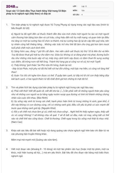 Soạn văn 12 Cánh diều Thực hành tiếng Việt trang 53 Biện pháp tu từ nghịch ngữ (tiếp theo) có đáp án