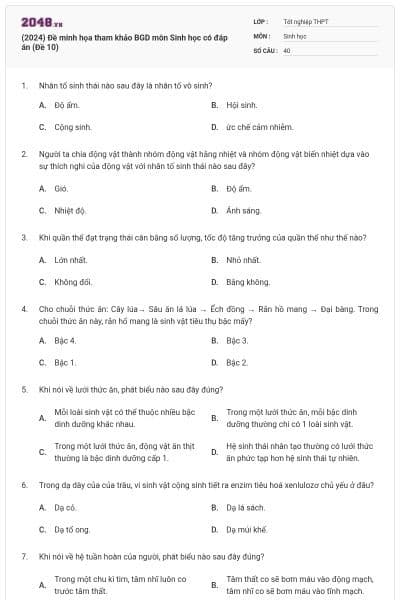 (2024) Đề minh họa tham khảo BGD môn Sinh học có đáp án (Đề 10)