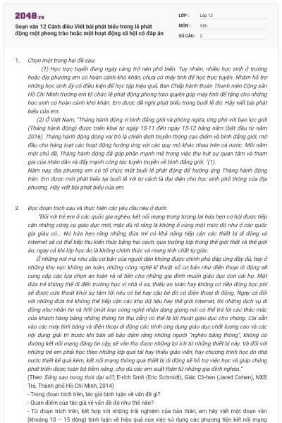 Soạn văn 12 Cánh diều Viết bài phát biểu trong lễ phát động một phong trào hoặc một hoạt động xã hội có đáp án