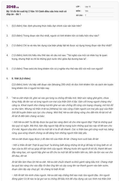 Bộ 10 đề thi cuối kỳ 2 Văn 10 Cánh diều cấu trúc mới có đáp án - Đề 1