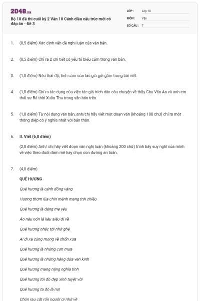 Bộ 10 đề thi cuối kỳ 2 Văn 10 Cánh diều cấu trúc mới có đáp án - Đề 3