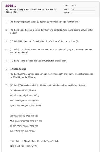 Bộ 10 đề thi cuối kỳ 2 Văn 10 Cánh diều cấu trúc mới có đáp án - Đề 4
