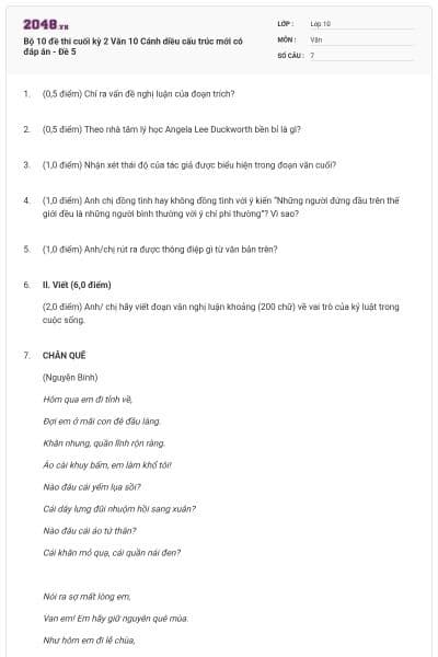 Bộ 10 đề thi cuối kỳ 2 Văn 10 Cánh diều cấu trúc mới có đáp án - Đề 5