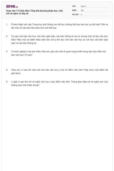 Soạn văn 12 Cánh diều Tổng kết phương pháp đọc, viết, nói và nghe có đáp án