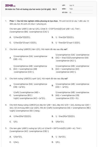 Đề kiểm tra Tích vô hướng của hai vectơ (có lời giải) - Đề 3