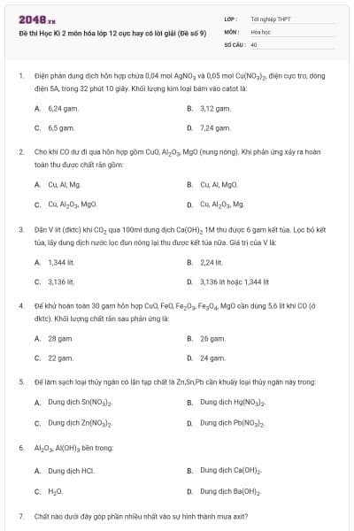 Đề thi Học Kì 2 môn hóa lớp 12 cực hay có lời giải (Đề số 9)