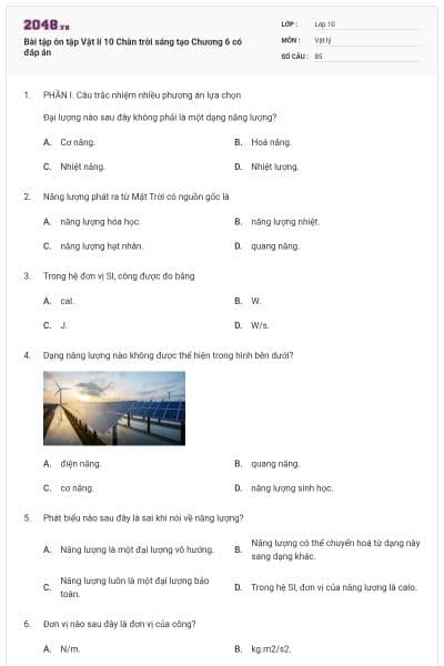 Bài tập ôn tập Vật lí 10 Chân trời sáng tạo Chương 6 có đáp án