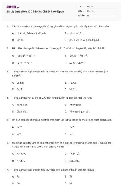 Bài tập ôn tập Hóa 12 Cánh diều Chủ đề 8 có đáp án