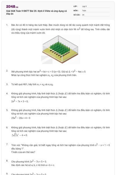 Giải SGK Toán 9 KNTT Bài 20. Định lí Viète và ứng dụng có đáp án