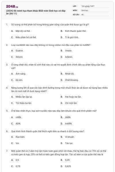 (2024) Đề minh họa tham khảo BGD môn Sinh học có đáp án (Đề 11)
