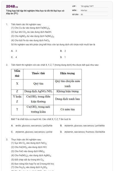 Tổng hợp bài tập thí nghiệm Hóa học từ đề thi Đại học có đáp án (P1)
