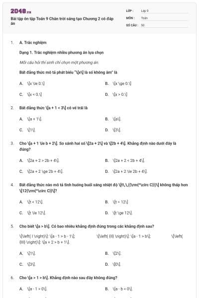 Bài tập ôn tập Toán 9 Chân trời sáng tạo Chương 2 có đáp án