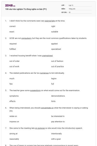100 câu trắc nghiệm Từ đồng nghĩa cơ bản (P1)