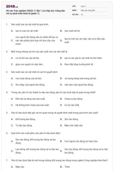 50 câu Trắc nghiệm GDCD 11 Bài 1 (có đáp án): Công dân với sự phát triển kinh tế (phần 1)