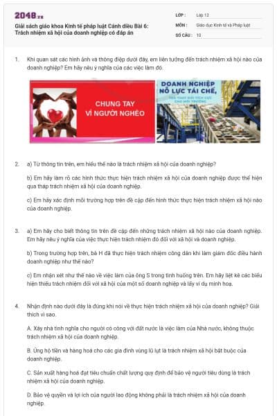 Giải sách giáo khoa Kinh tế pháp luật Cánh diều Bài 6: Trách nhiệm xã hội của doanh nghiệp có đáp án