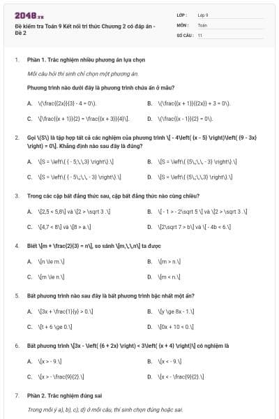Đề kiểm tra Toán 9 Kết nối tri thức Chương 2 có đáp án - Đề 2
