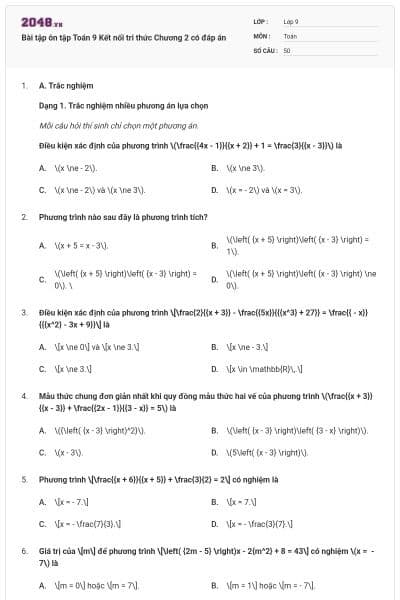 Bài tập ôn tập Toán 9 Kết nối tri thức Chương 2 có đáp án